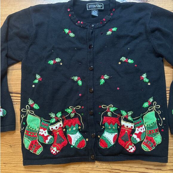 Terazzo black Christmas knit cardigan stocking mistletoe sweater SIZE M - Picture 2 of 5